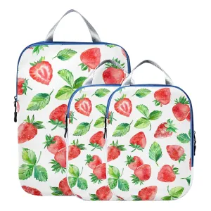 Seamless Watercolor Red Strawberries Berry with Green Leaves on White 3 Piece set Cubes Expandable Adjustable Luggage Packing Bags, Ultralight Organizer Accessories Travel Suitcase Compressible Bags