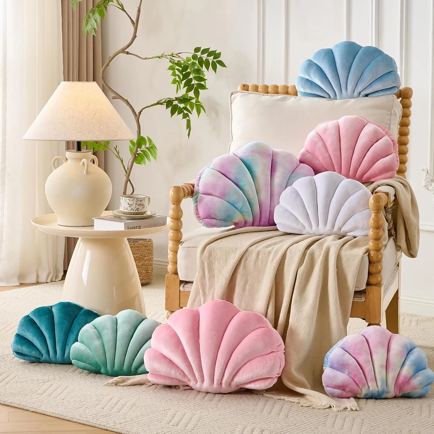 Seashell Decorative Pillow Shell Shaped Throw Pillow 3D Insert Beach Pillow Soft Velvet Pillow Sea Ocean Decoration Couch Bed Pillow Cushions(Purple,14 X 11 inch)