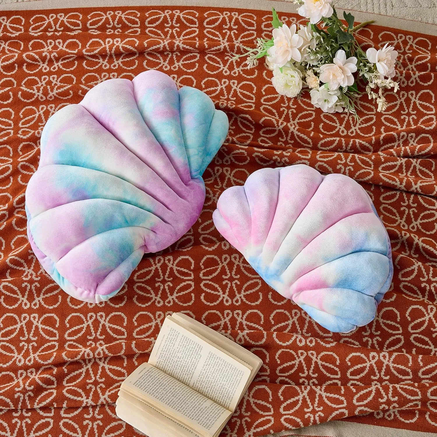 Seashell Decorative Pillow Shell Shaped Throw Pillow 3D Insert Beach Pillow Soft Velvet Pillow Sea Ocean Decoration Couch Bed Pillow Cushions(Purple,14 X 11 inch)