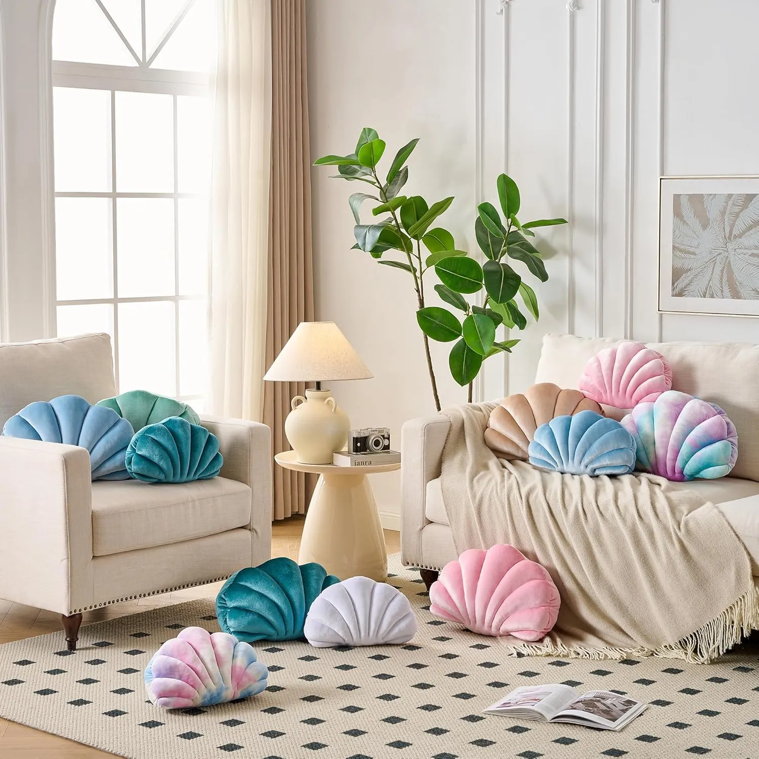 Seashell Decorative Pillow Shell Shaped Throw Pillow 3D Insert Beach Pillow Soft Velvet Pillow Sea Ocean Decoration Couch Bed Pillow Cushions(Purple,14 X 11 inch)