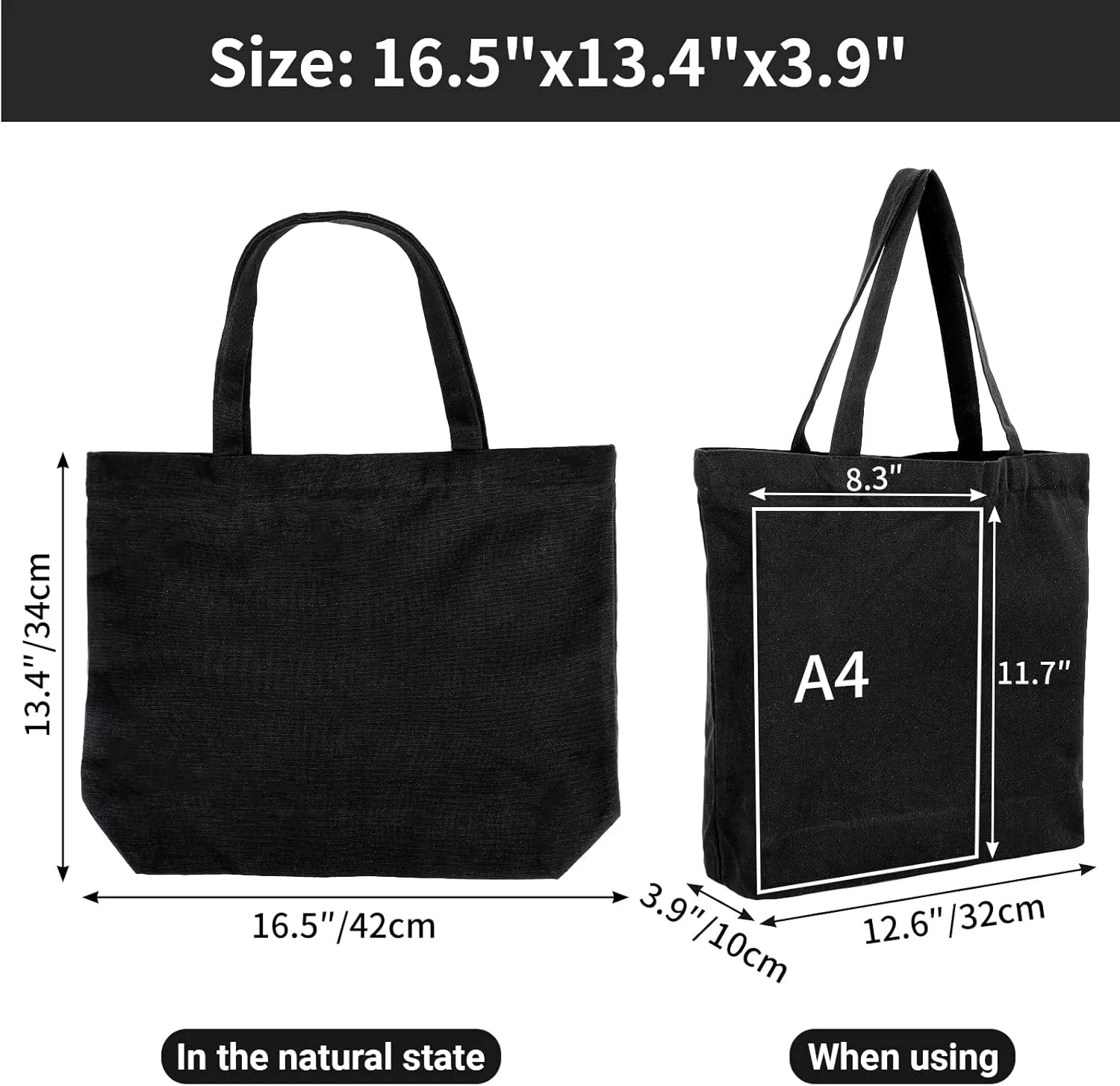 Segarty Blank Canvas Tote Bags, 3 Pack 16.5 x 13.4 Inches 12Oz Natural Reusable Grocery Shopping Bags Bulk, Plain Bag to Decorate Crafts DIY, Large Black Canvas Bag for Women Beach Travel