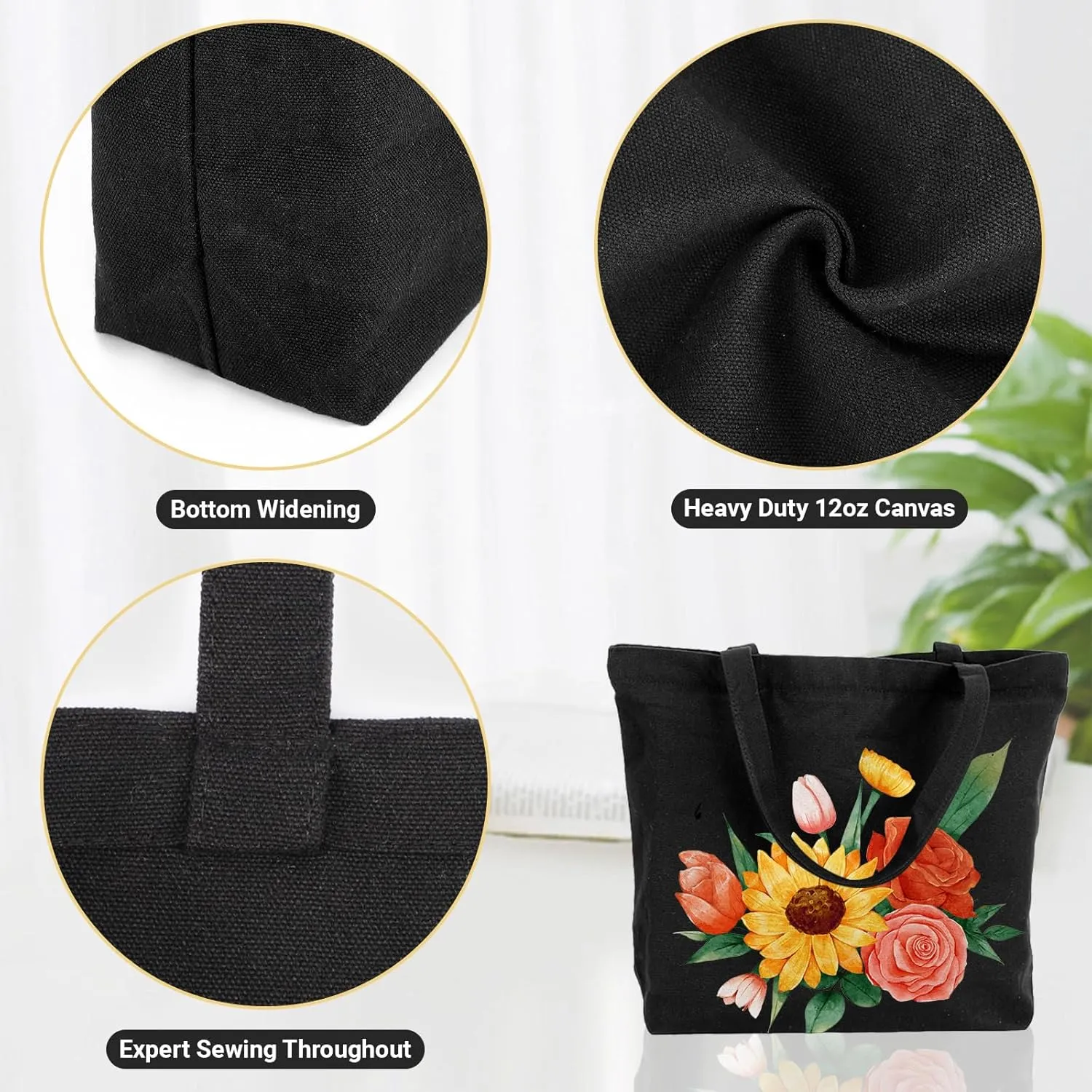 Segarty Blank Canvas Tote Bags, 3 Pack 16.5 x 13.4 Inches 12Oz Natural Reusable Grocery Shopping Bags Bulk, Plain Bag to Decorate Crafts DIY, Large Black Canvas Bag for Women Beach Travel