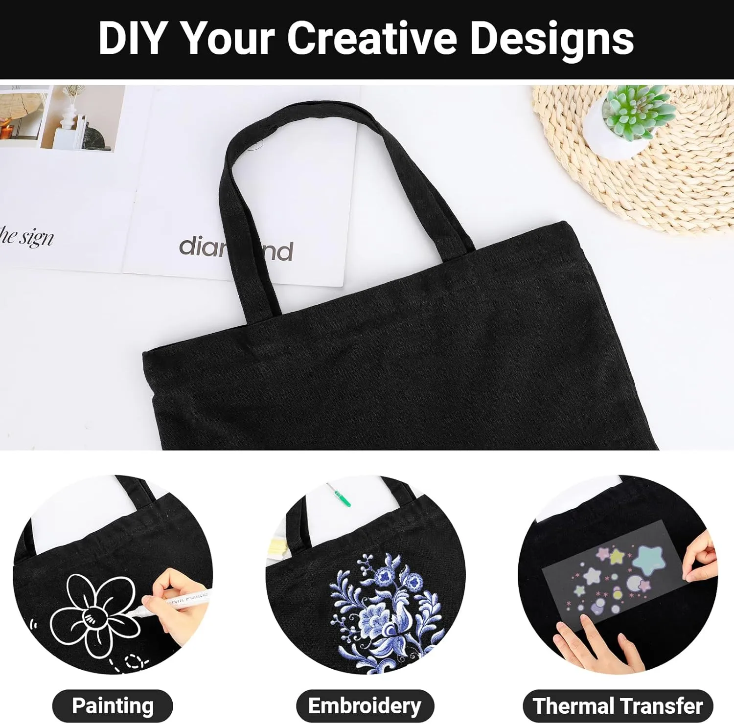 Segarty Blank Canvas Tote Bags, 3 Pack 16.5 x 13.4 Inches 12Oz Natural Reusable Grocery Shopping Bags Bulk, Plain Bag to Decorate Crafts DIY, Large Black Canvas Bag for Women Beach Travel