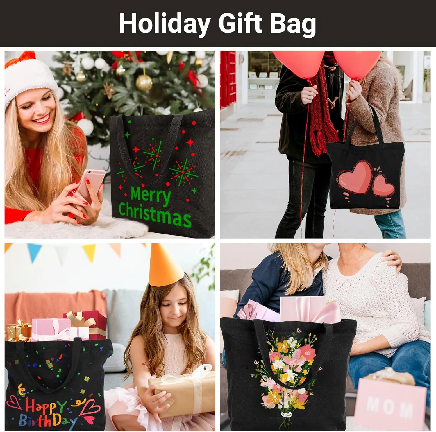 Segarty Blank Canvas Tote Bags, 3 Pack 16.5 x 13.4 Inches 12Oz Natural Reusable Grocery Shopping Bags Bulk, Plain Bag to Decorate Crafts DIY, Large Black Canvas Bag for Women Beach Travel