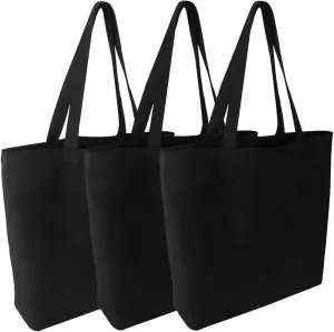 Segarty Blank Canvas Tote Bags, 3 Pack 16.5 x 13.4 Inches 12Oz Natural Reusable Grocery Shopping Bags Bulk, Plain Bag to Decorate Crafts DIY, Large Black Canvas Bag for Women Beach Travel