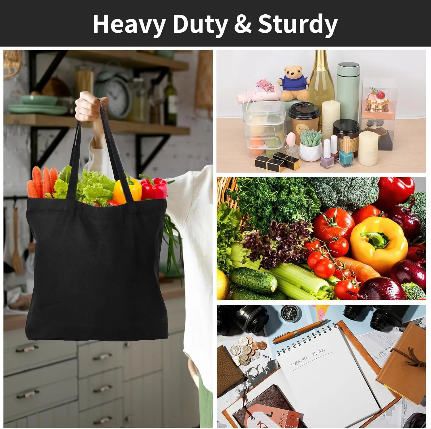 Segarty Blank Canvas Tote Bags, 3 Pack 16.5 x 13.4 Inches 12Oz Natural Reusable Grocery Shopping Bags Bulk, Plain Bag to Decorate Crafts DIY, Large Black Canvas Bag for Women Beach Travel