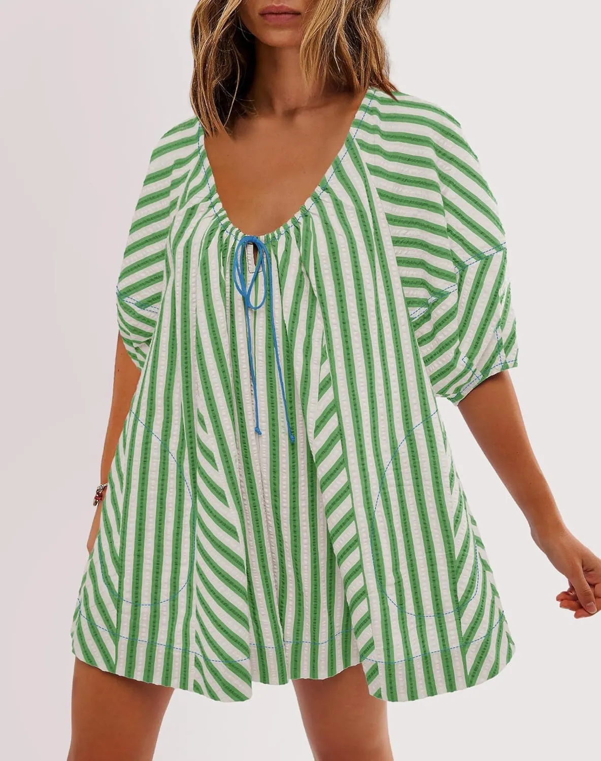 SENSERISE Womens Striped Romper Puff Sleeve Mini Shorts Romper Dress Beach Vacation Outfits with Pockets