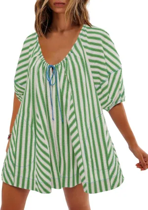 SENSERISE Womens Striped Romper Puff Sleeve Mini Shorts Romper Dress Beach Vacation Outfits with Pockets