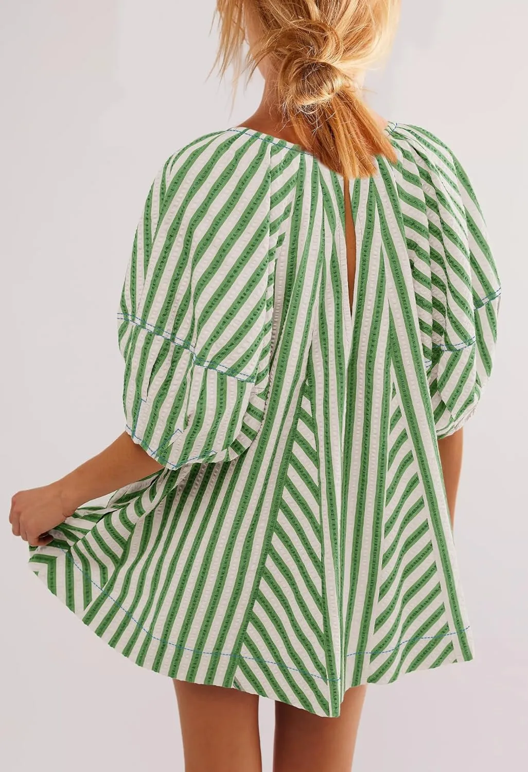 SENSERISE Womens Striped Romper Puff Sleeve Mini Shorts Romper Dress Beach Vacation Outfits with Pockets