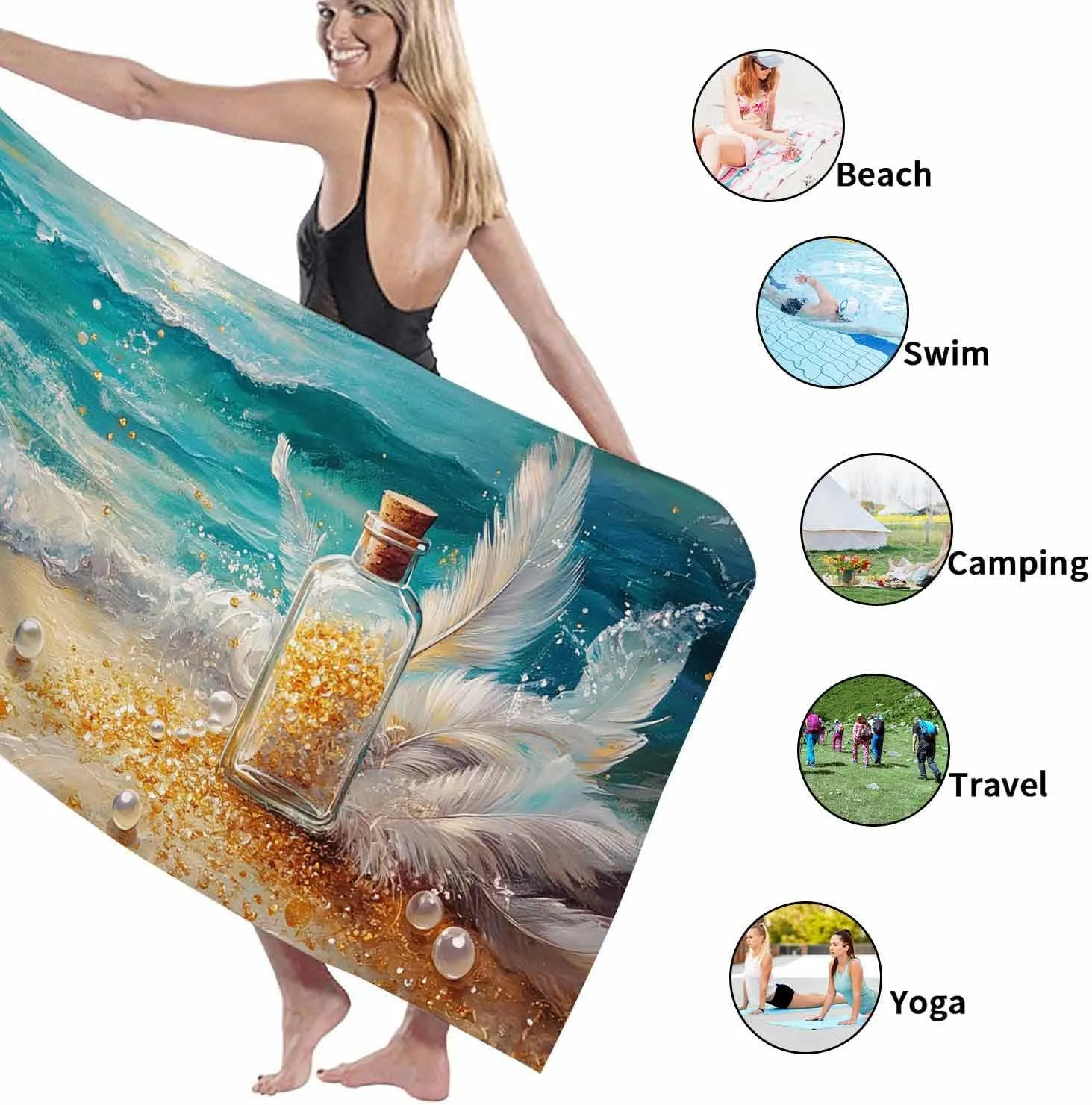 Serene Ocean Waves Microfiber Beach Towel Aqua Blue Coastal Art Blanket, Quick Dry Absorbent Sand Free Oversized Lightweight Beach Blanket, Vacation Picnic Essentials 62x31 Inch