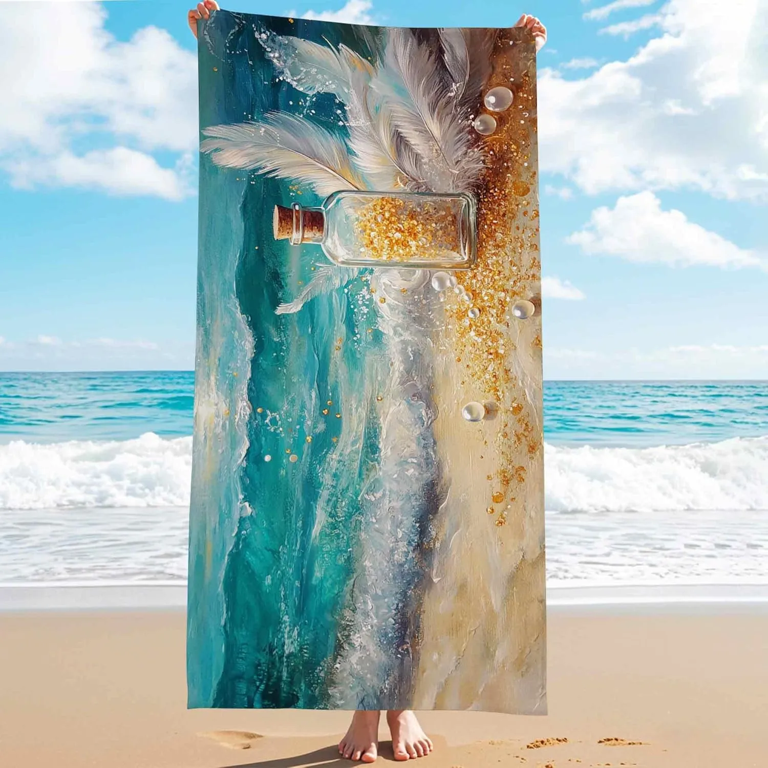 Serene Ocean Waves Microfiber Beach Towel Aqua Blue Coastal Art Blanket, Quick Dry Absorbent Sand Free Oversized Lightweight Beach Blanket, Vacation Picnic Essentials 62x31 Inch