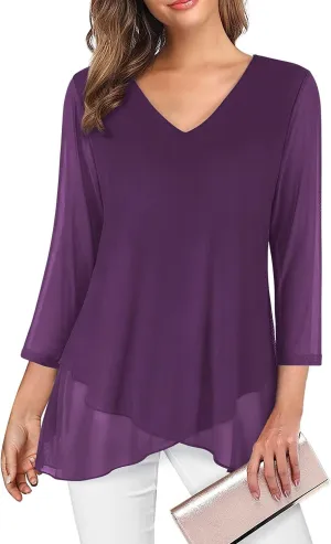 SeSe Code Womens Dressy 3/4 Sleeve Tunic Tops Asymmetric Hem Blouses Lightweight Mesh Shirt