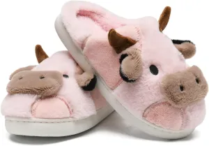 sharllen Fuzzy Cow Slippers for Kids Cute Fluffy Cow Kids House Slippers Toddler Girls Boys Animal Cartoon House Shoes for Indoor Outdoor