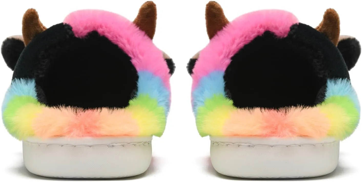 sharllen Fuzzy Cow Slippers for Kids Cute Fluffy Cow Kids House Slippers Toddler Girls Boys Animal Cartoon House Shoes for Indoor Outdoor