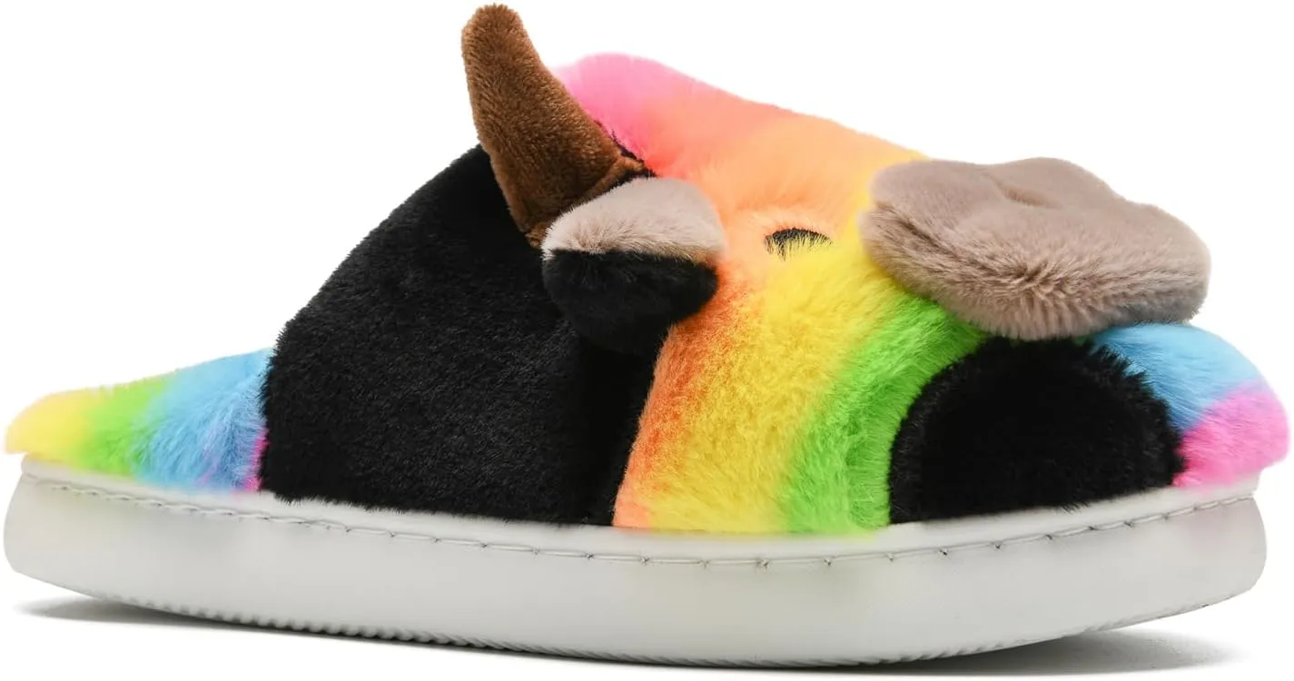 sharllen Fuzzy Cow Slippers for Kids Cute Fluffy Cow Kids House Slippers Toddler Girls Boys Animal Cartoon House Shoes for Indoor Outdoor