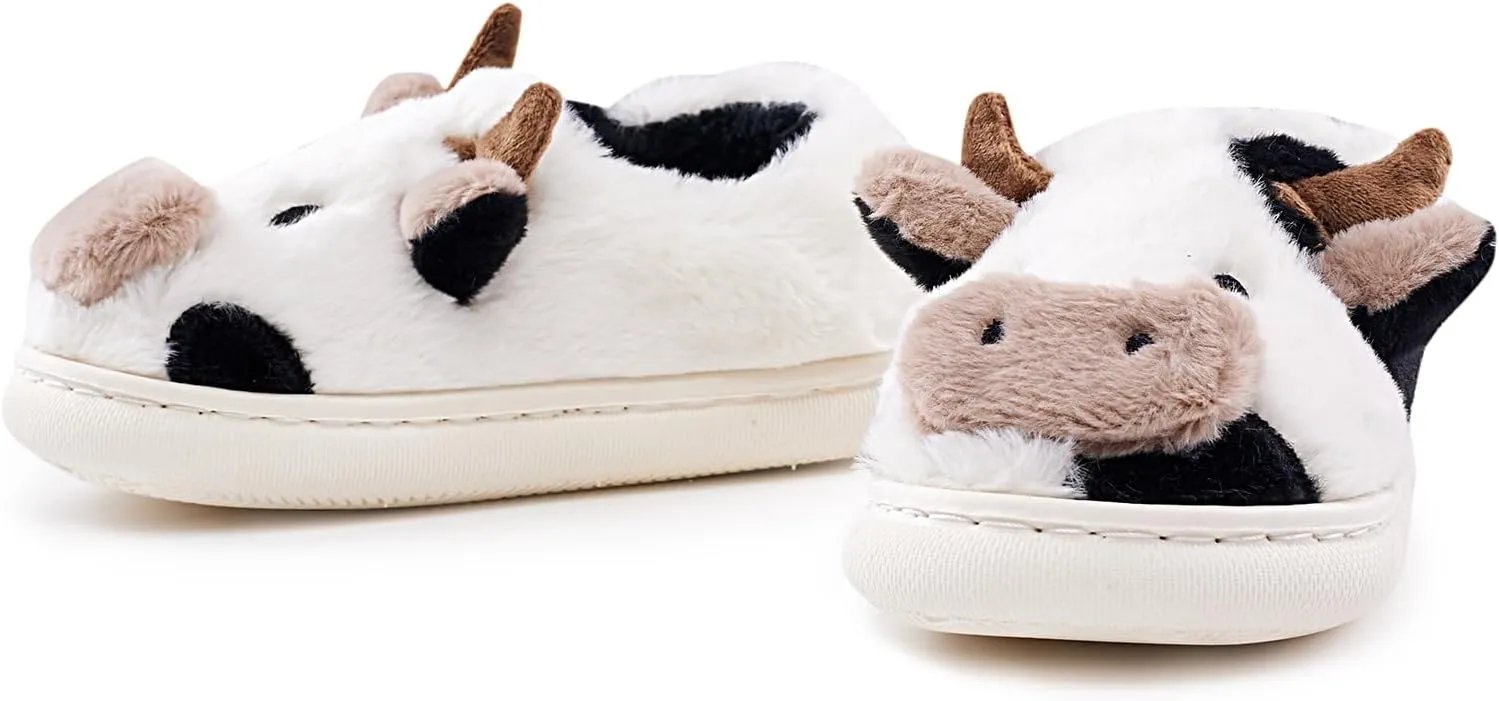 sharllen Fuzzy Cow Slippers for Kids Cute Fluffy Cow Toddler House Slippers Girls Boys Animal Cartoon House Shoes for Indoor Outdoor