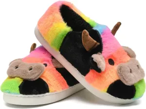 sharllen Fuzzy Cow Slippers for Kids Cute Fluffy Cow Toddler House Slippers Girls Boys Animal Cartoon House Shoes for Indoor Outdoor