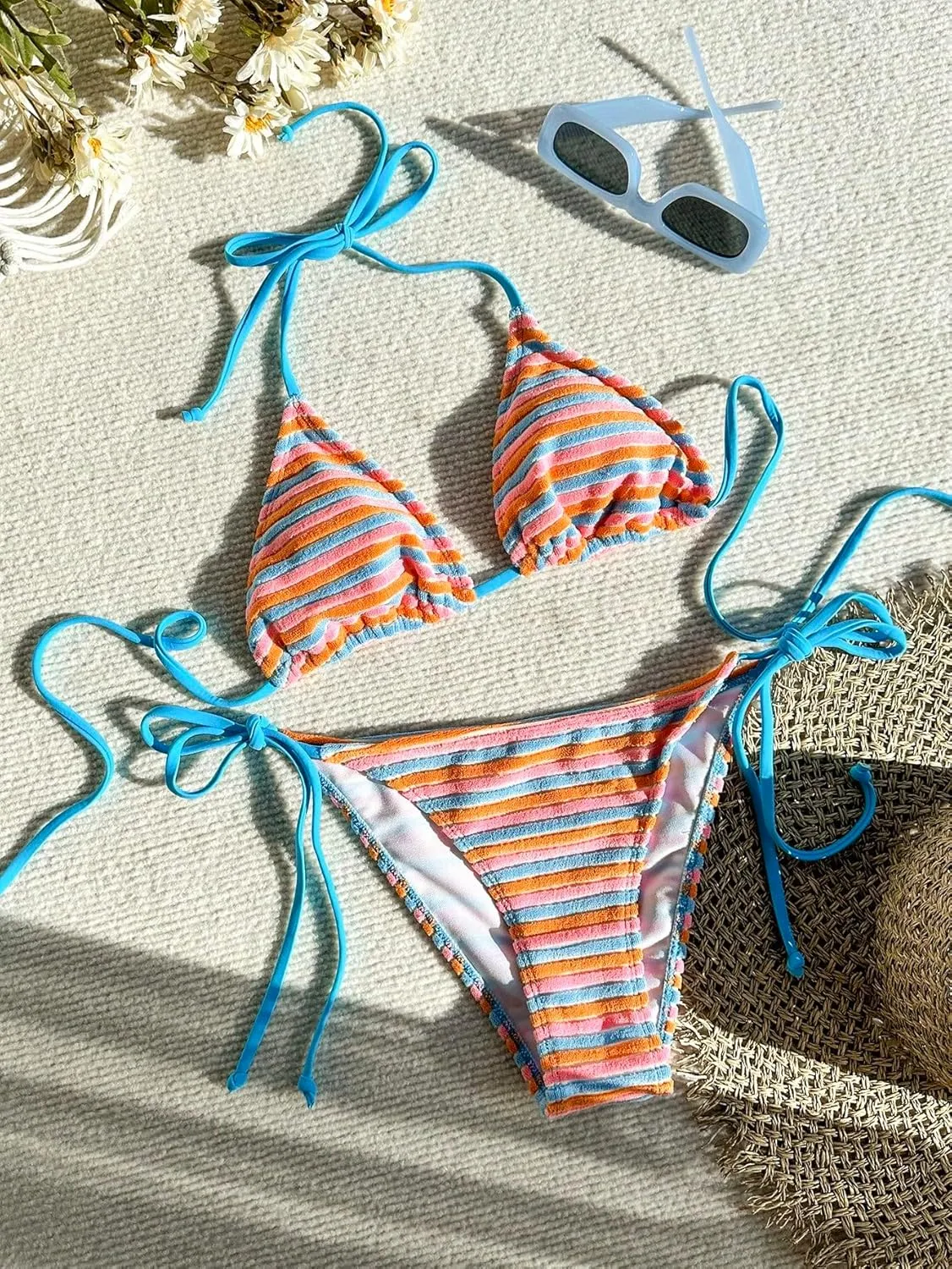 SHENHE Women's 2 Piece Swimsuit Floral Print Halter Tie Side Triangle Bikini Set