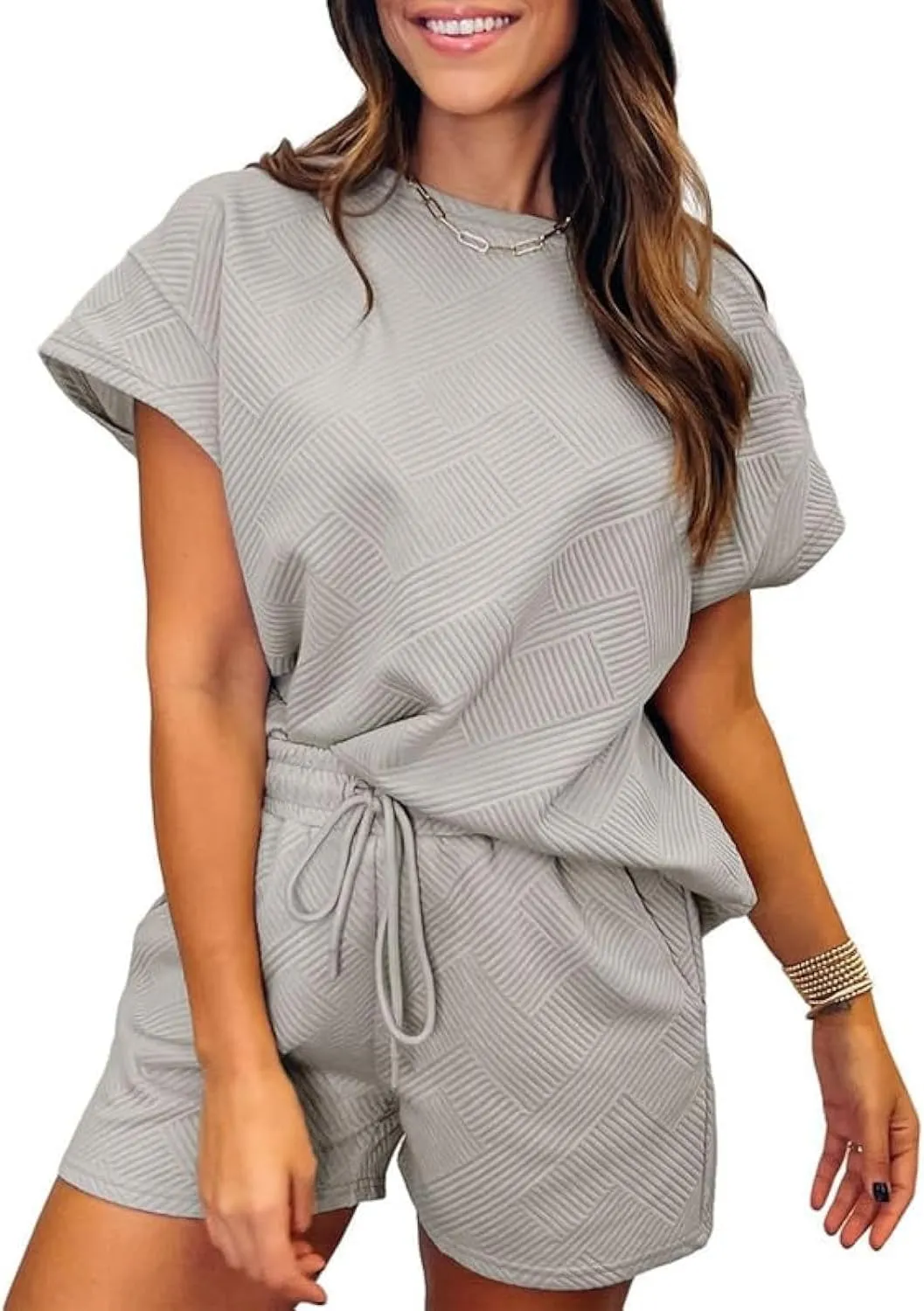 SHEWIN Women's 2 Piece Outfits Lounge Sets Casual Short Sleeve Shirts Shorts Cozy Pajamas Sweatsuit Set