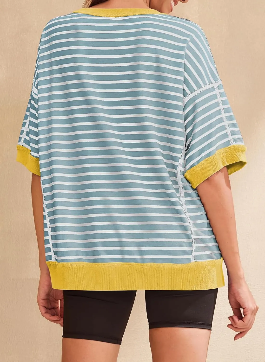 SHEWIN Womens Tops Casual Short Sleeve Sweatshirt Striped Shirt Crewneck Pullover T Shirts Loose Blouses