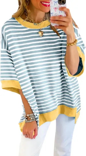 SHEWIN Womens Tops Casual Short Sleeve Sweatshirt Striped Shirt Crewneck Pullover T Shirts Loose Blouses