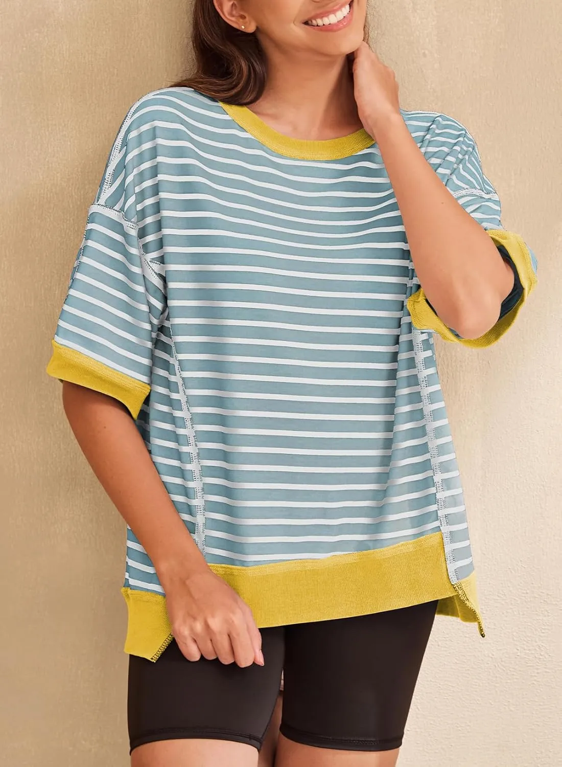 SHEWIN Womens Tops Casual Short Sleeve Sweatshirt Striped Shirt Crewneck Pullover T Shirts Loose Blouses