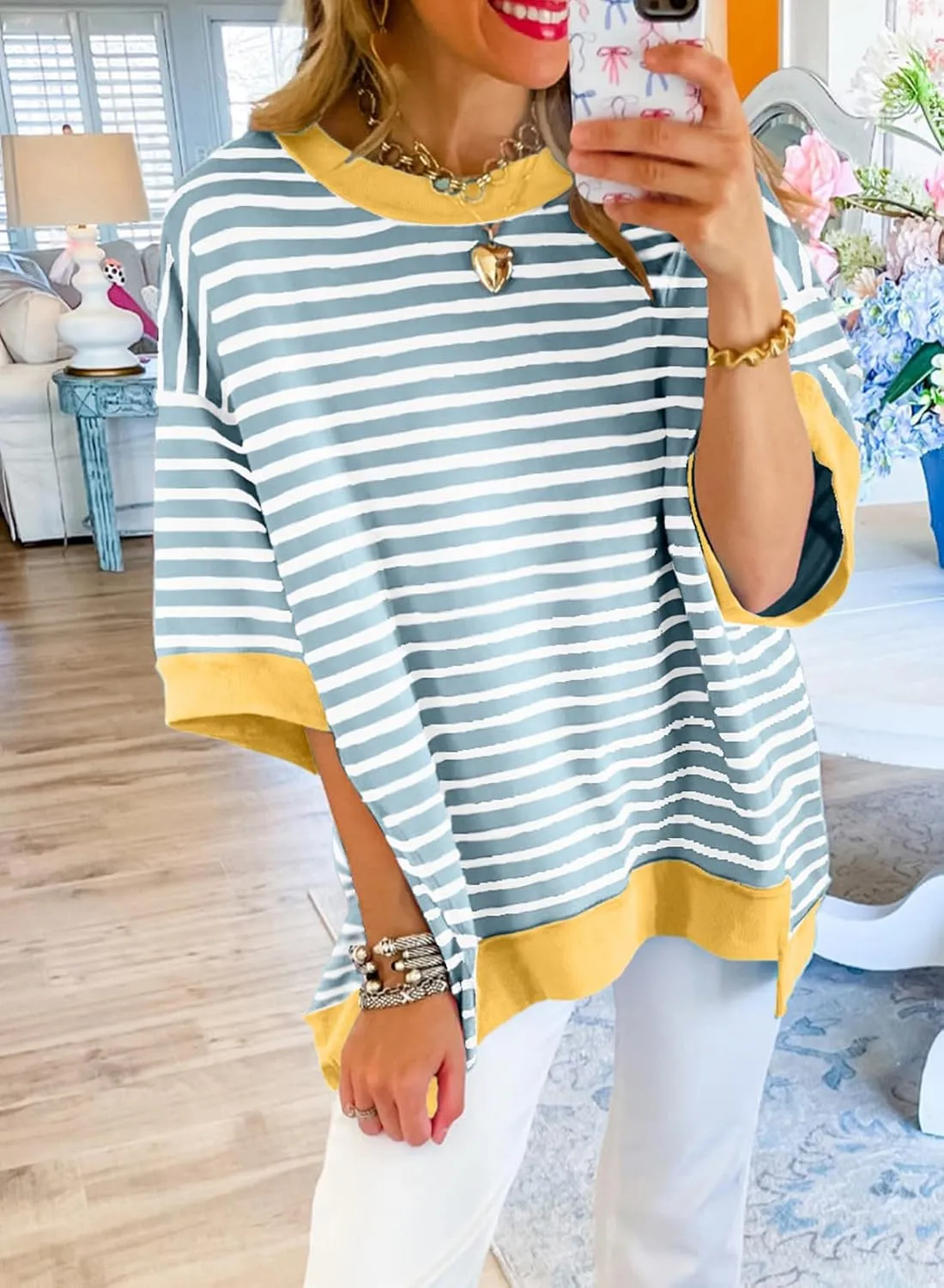 SHEWIN Womens Tops Casual Short Sleeve Sweatshirt Striped Shirt Crewneck Pullover T Shirts Loose Blouses