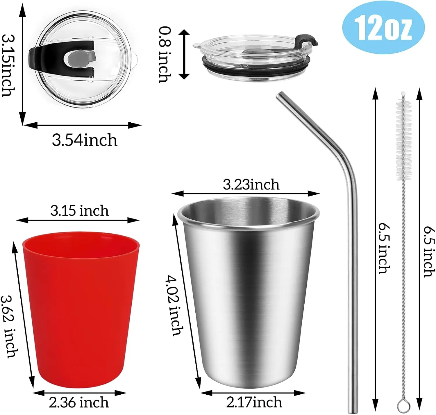 ShineMe Stainless Steel Kids Cups, 5pack with Spill Proof Lids, Straws & Silicone Sleeves, 12oz, BPA Free, Insulated, for Cold & Hot Drinks