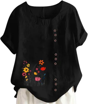 Short Sleeve Shirts for Women Fashion Flower Print Relaxed Fitted Crewneck Loose Size Tops Causal Lightweight Blouse