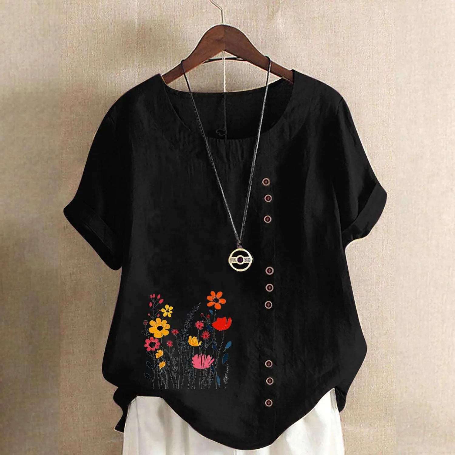 Short Sleeve Shirts for Women Fashion Flower Print Relaxed Fitted Crewneck Loose Size Tops Causal Lightweight Blouse