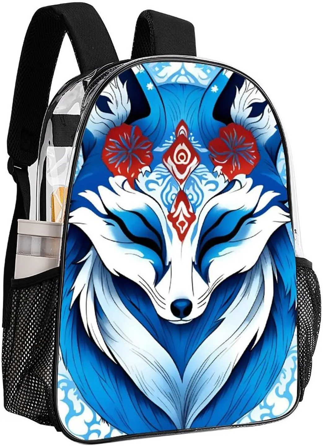 Shoulder Book Bags Anti-Theft Multipurpose Big Capacity Bookbag - Blue Fox Kitsune Mask Art Travel Hiking Backpack Transparent Bag