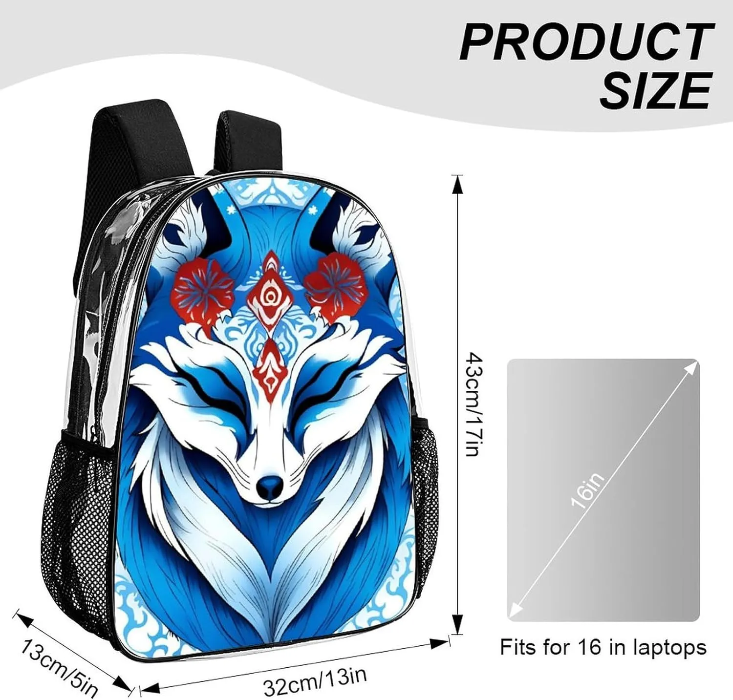 Shoulder Book Bags Anti-Theft Multipurpose Big Capacity Bookbag - Blue Fox Kitsune Mask Art Travel Hiking Backpack Transparent Bag