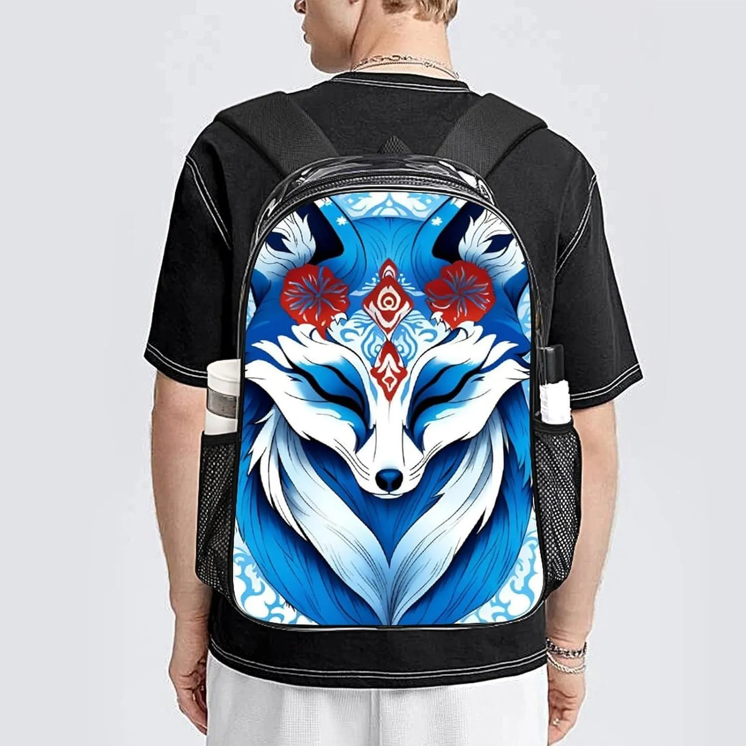 Shoulder Book Bags Anti-Theft Multipurpose Big Capacity Bookbag - Blue Fox Kitsune Mask Art Travel Hiking Backpack Transparent Bag