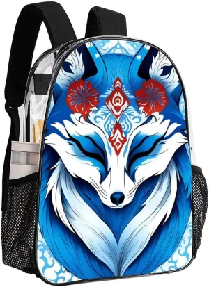 Shoulder Book Bags Anti-Theft Multipurpose Big Capacity Bookbag - Blue Fox Kitsune Mask Art Travel Hiking Backpack Transparent Bag
