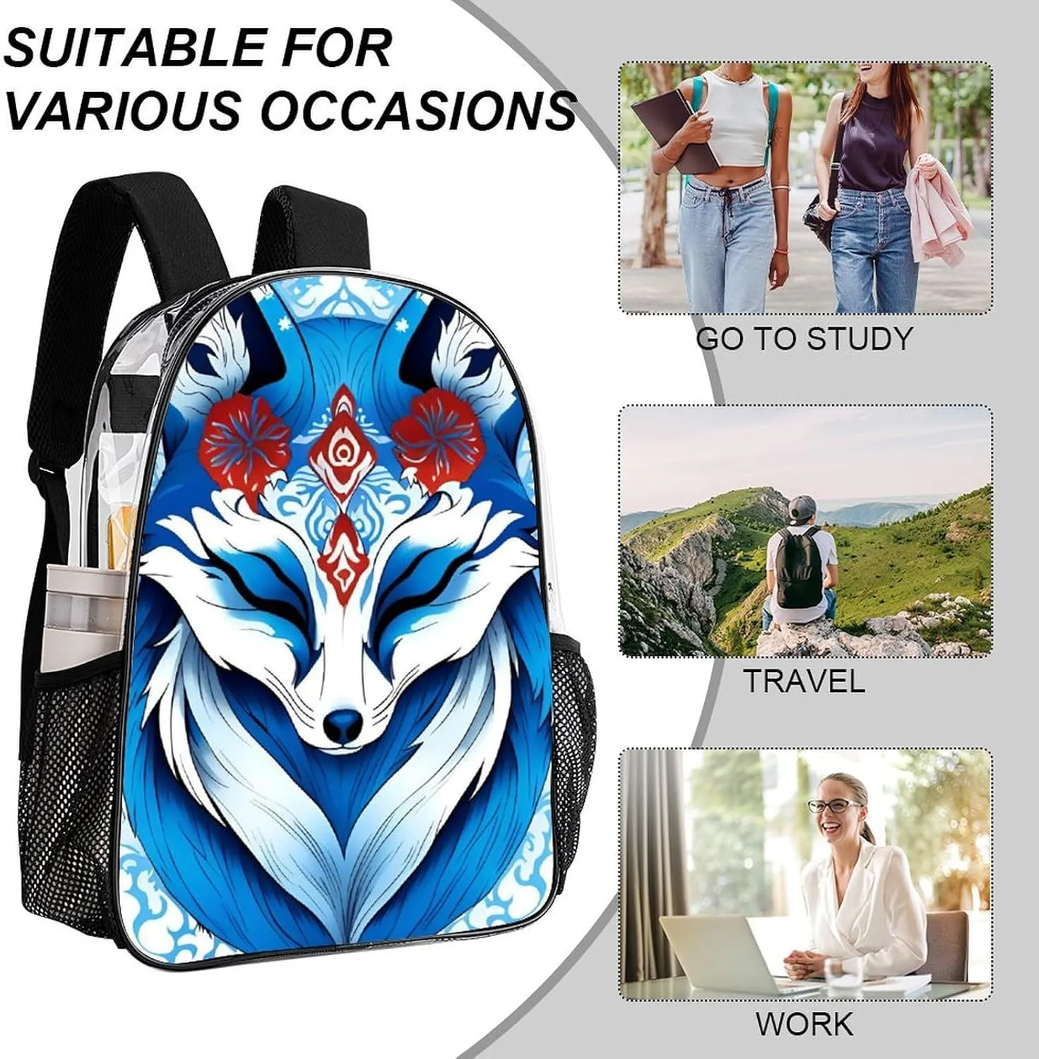 Shoulder Book Bags Anti-Theft Multipurpose Big Capacity Bookbag - Blue Fox Kitsune Mask Art Travel Hiking Backpack Transparent Bag