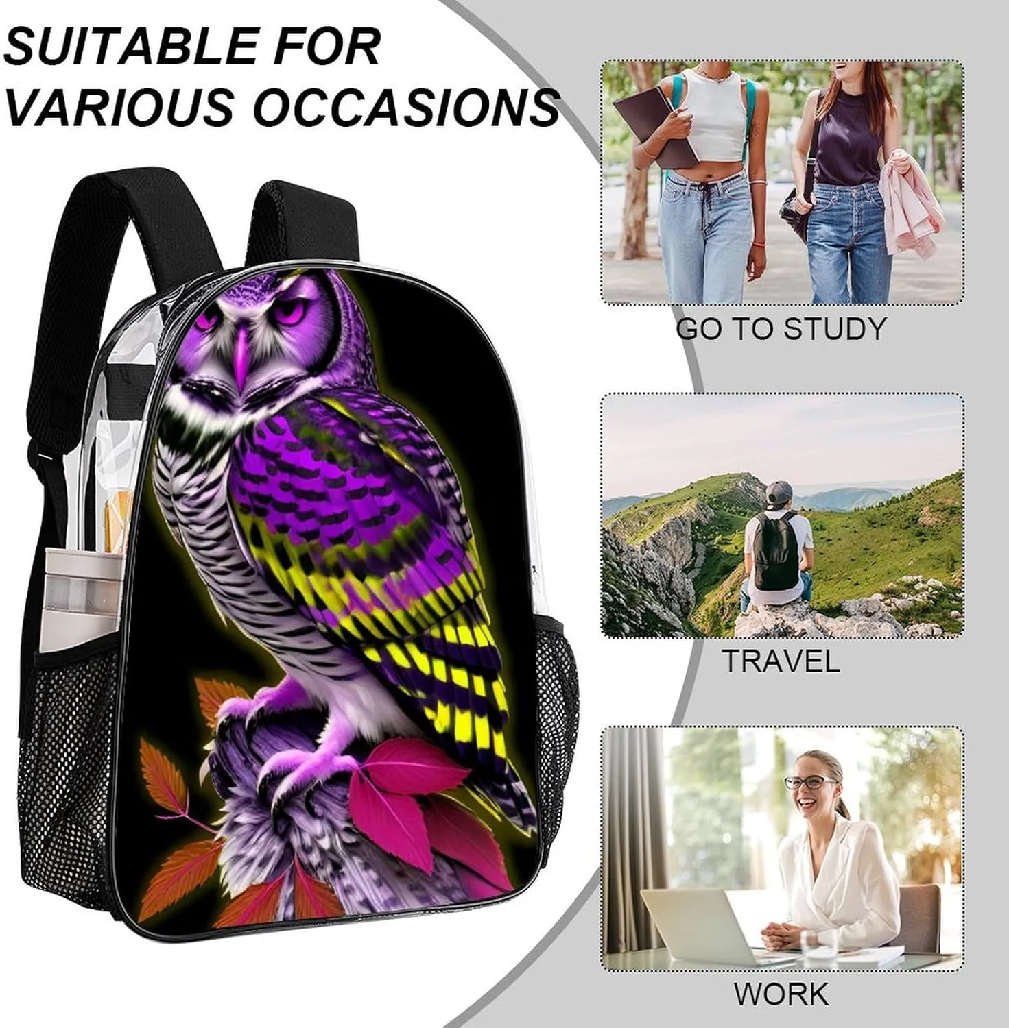 Shoulder Book Bags Anti-Theft Multipurpose Big Capacity Bookbag - Owl Marijuanaweed Art Travel Hiking Backpack Transparent Bag