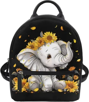 Showudesigns Sunflower Elephant Backpack for Women Mini Purse with and Adjustable Straps Leather Shoulder Bags Zipper Tote Bag Teen Girls Handbag Daypack Casual Back Pack for Travel