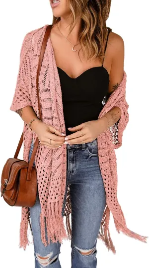 Sidefeel Women's Open Front Knit Sheer Cardigans Summer Boho Lightweight Kimono Cover Ups