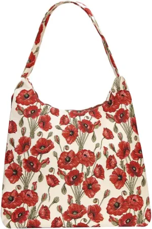Signare Red and White Women’s Fashion Canvas Top Zip Hobo Shoulder Bag Beach Bag with Poppy Flower (HOBO-POP)