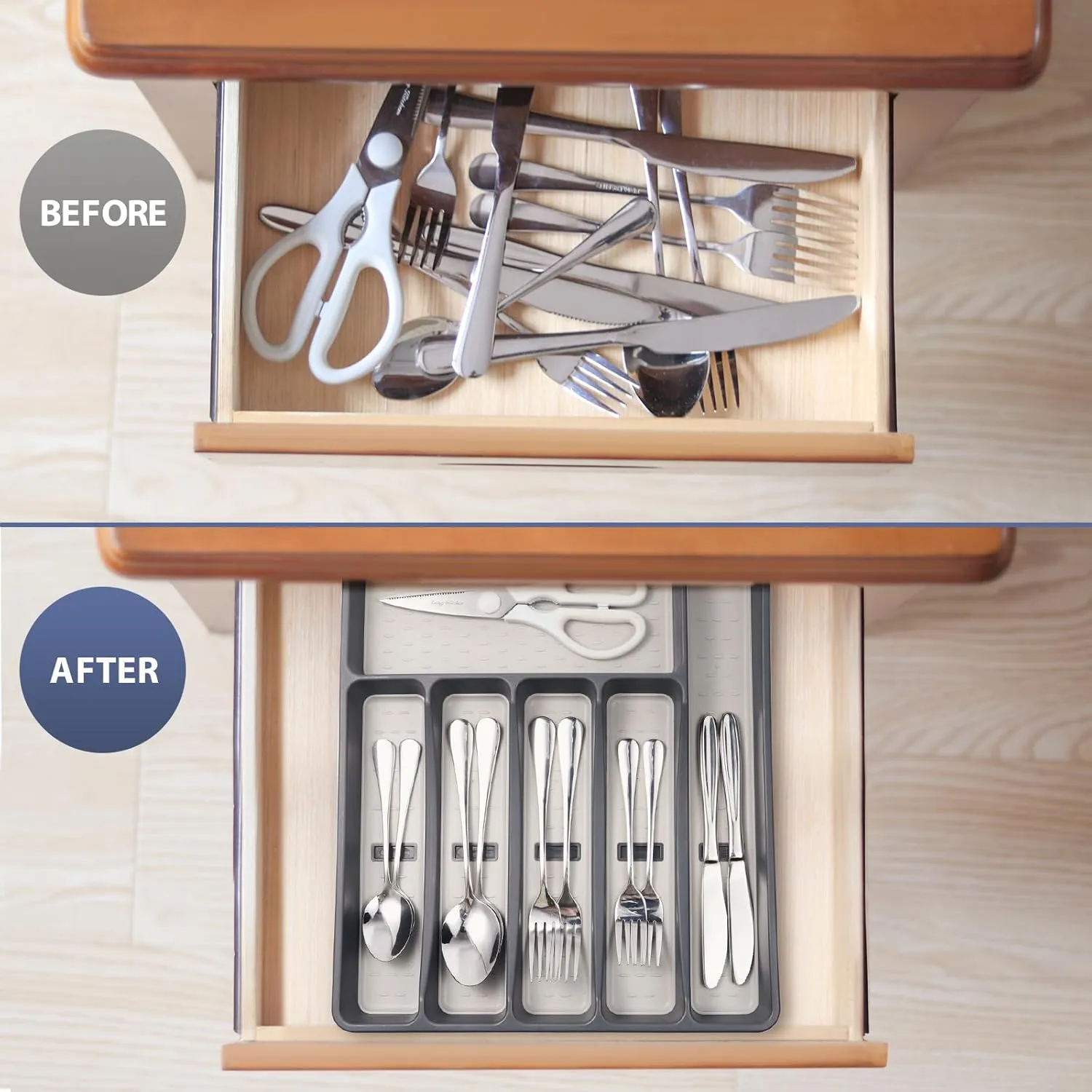 Silverware Organizer with Cutlery Icons，Silverware Tray for Kitchen Drawer，Plastic Flatware Tableware Cultery Drawer Organizer Utensil Organizer with Non-slip TPR Linings，6-Compartment