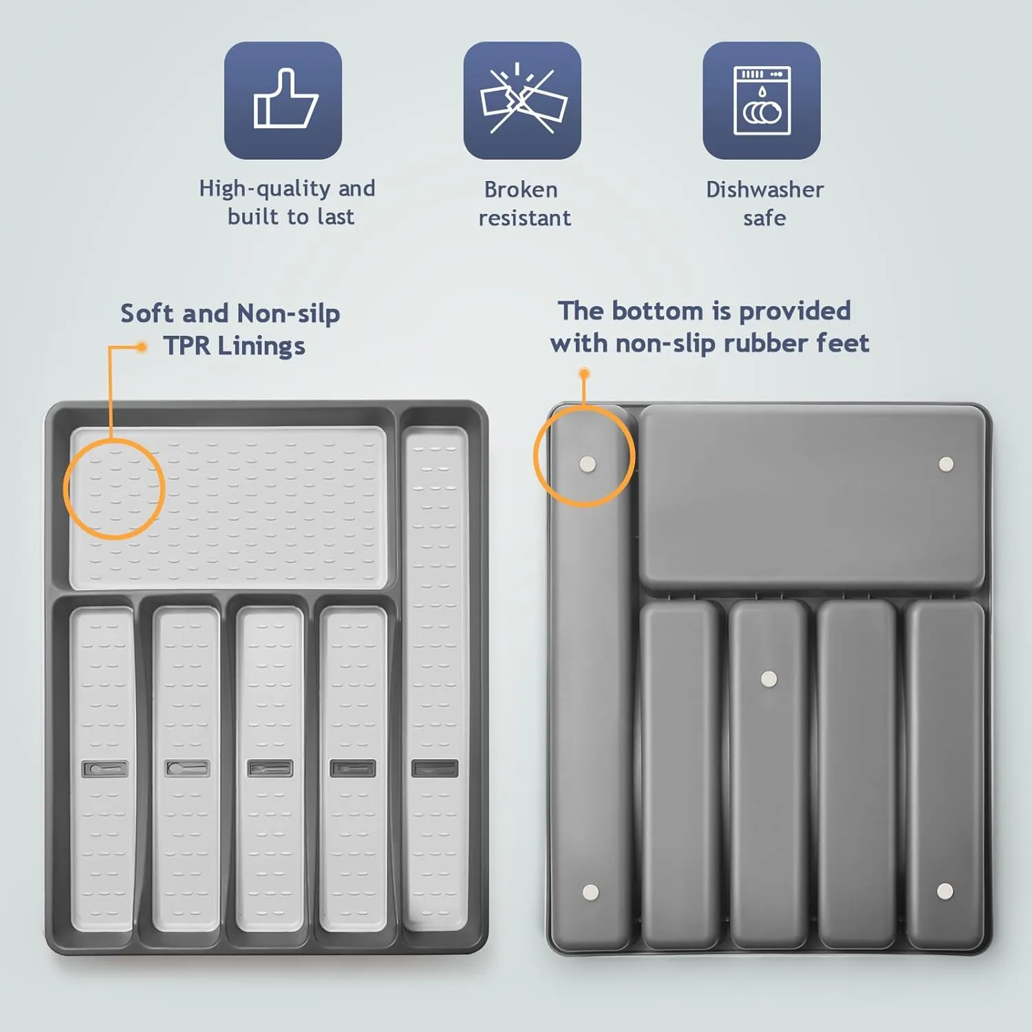 Silverware Organizer with Cutlery Icons，Silverware Tray for Kitchen Drawer，Plastic Flatware Tableware Cultery Drawer Organizer Utensil Organizer with Non-slip TPR Linings，6-Compartment