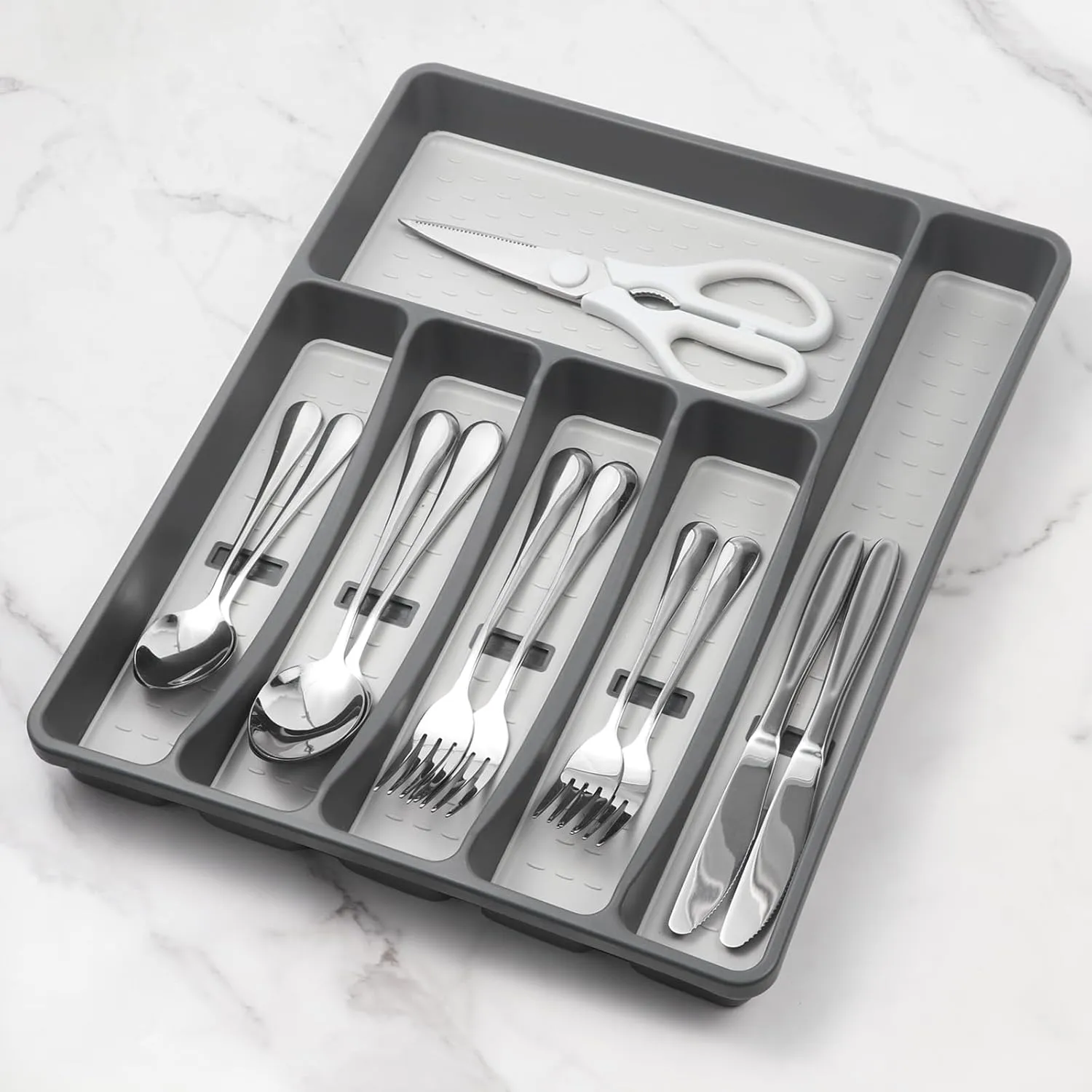 Silverware Organizer with Cutlery Icons，Silverware Tray for Kitchen Drawer，Plastic Flatware Tableware Cultery Drawer Organizer Utensil Organizer with Non-slip TPR Linings，6-Compartment