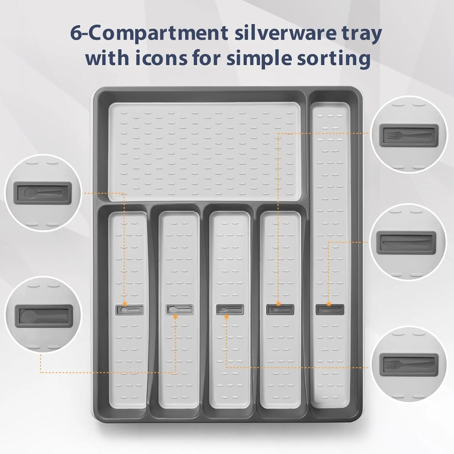Silverware Organizer with Cutlery Icons，Silverware Tray for Kitchen Drawer，Plastic Flatware Tableware Cultery Drawer Organizer Utensil Organizer with Non-slip TPR Linings，6-Compartment