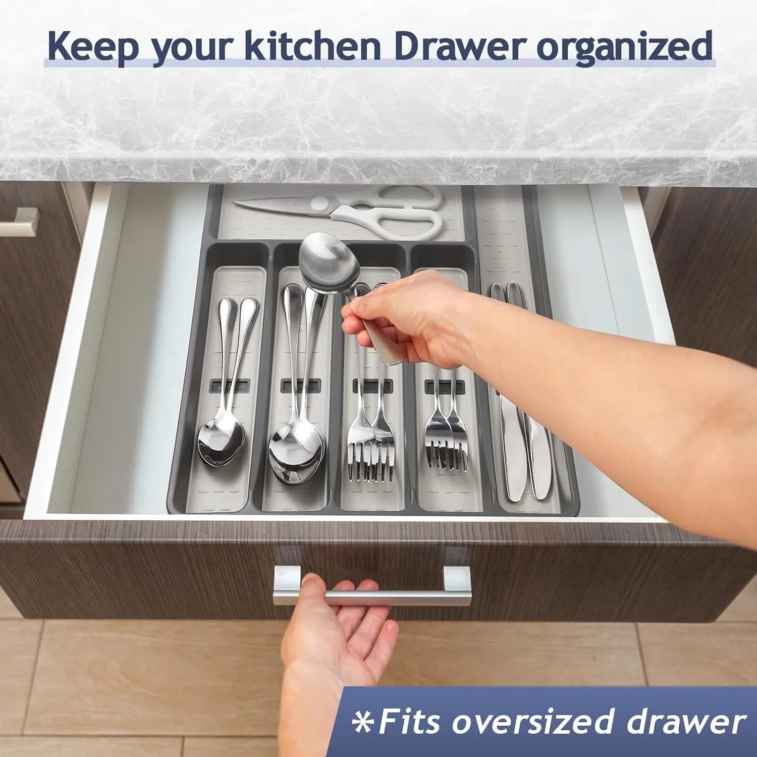 Silverware Organizer with Cutlery Icons，Silverware Tray for Kitchen Drawer，Plastic Flatware Tableware Cultery Drawer Organizer Utensil Organizer with Non-slip TPR Linings，6-Compartment