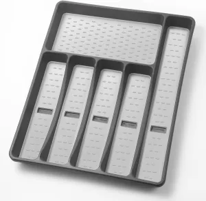 Silverware Organizer with Cutlery Icons，Silverware Tray for Kitchen Drawer，Plastic Flatware Tableware Cultery Drawer Organizer Utensil Organizer with Non-slip TPR Linings，6-Compartment