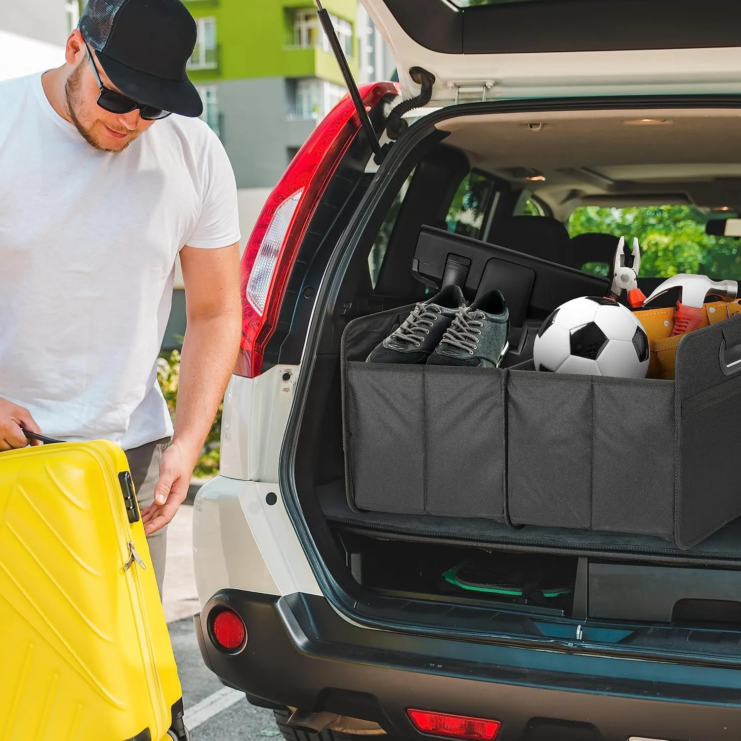 Simple Deluxe Trunk Organizer for Car/SUV, Foldable 2 Compartment 50L Car Storage, 600D Waterproof Oxford Polyester Car Storage Organizer, Anti-Slip & Leak-Proof Car Accessories for Travel, Black