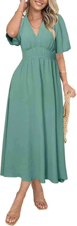Simplee Women's Summer Flowy Midi Dress Casual V Neck Short Sleeve Empire Waist Boho Beach Dress Wedding Guest Maxi Dress