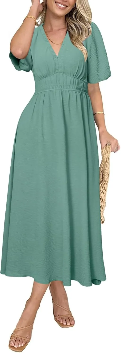 Simplee Women's Summer Flowy Midi Dress Casual V Neck Short Sleeve Empire Waist Boho Beach Dress Wedding Guest Maxi Dress