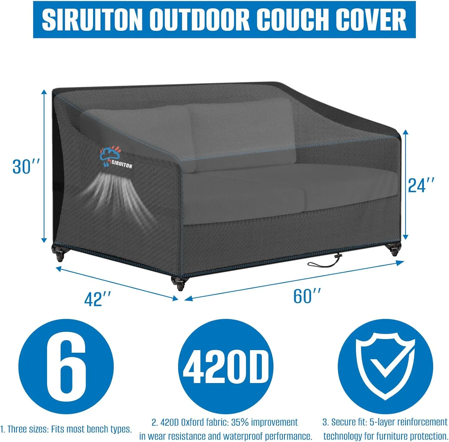 SIRUITON 3-Seat Heavy Duty Garden Patio Sofa/Loveseat/Bench Cover,420D Waterproof Outdoor Sofa Cover, Lawn Patio Furniture Covers Black, 60" W x 42" D x 30" H