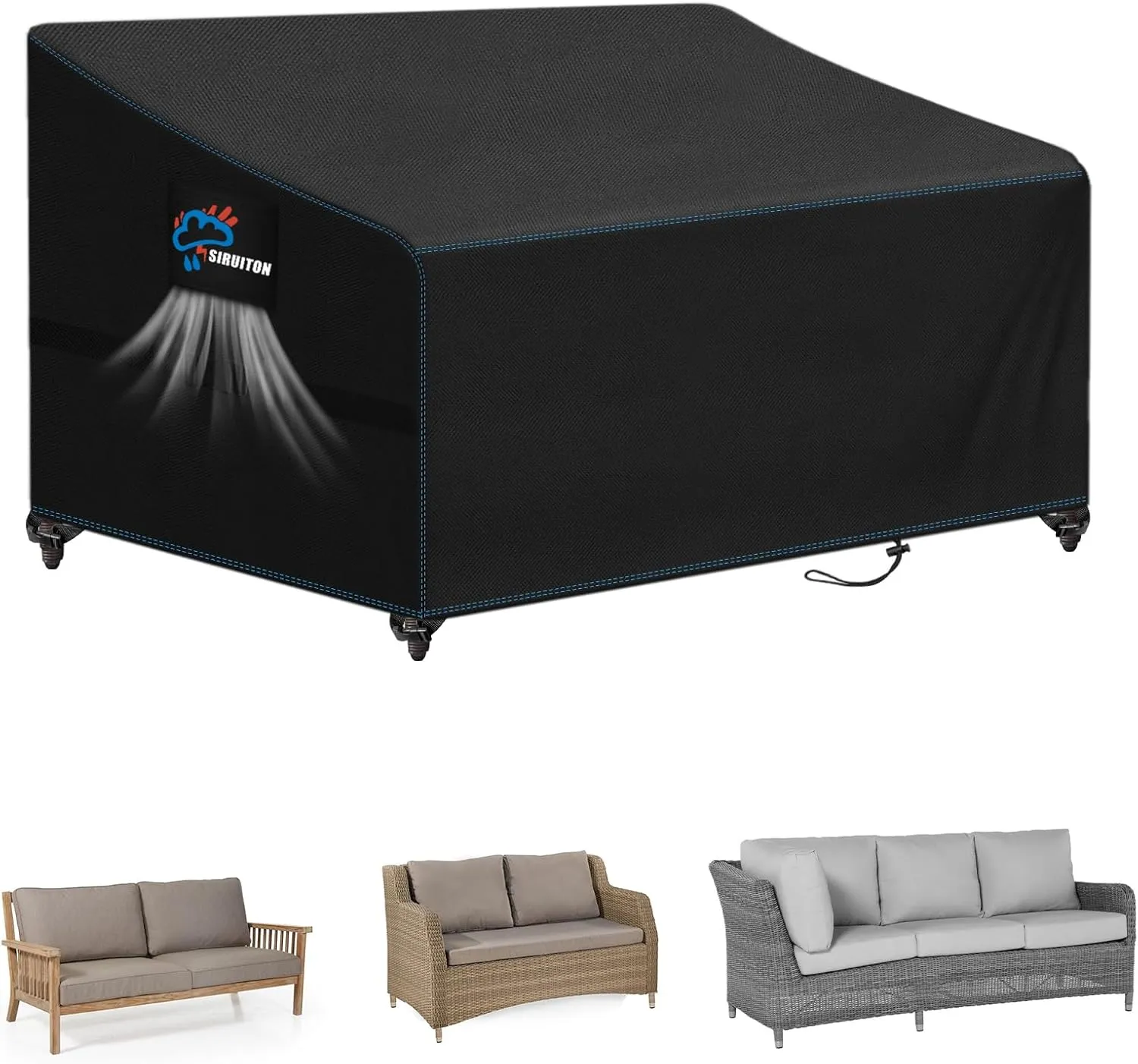 SIRUITON 3-Seat Heavy Duty Garden Patio Sofa/Loveseat/Bench Cover,420D Waterproof Outdoor Sofa Cover, Lawn Patio Furniture Covers Black, 60" W x 42" D x 30" H